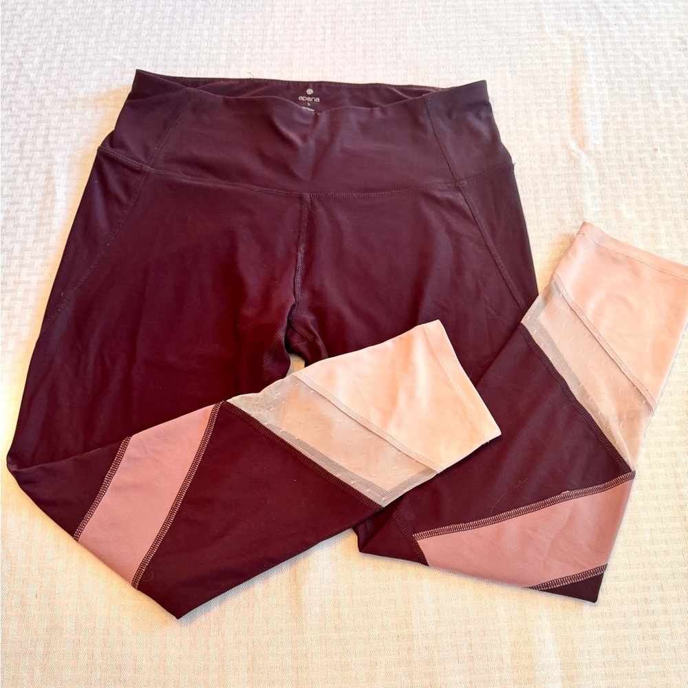 Apana Womens Yoga Leggings Large Burgundy Mauve Colorblock Mesh High Rise Pants